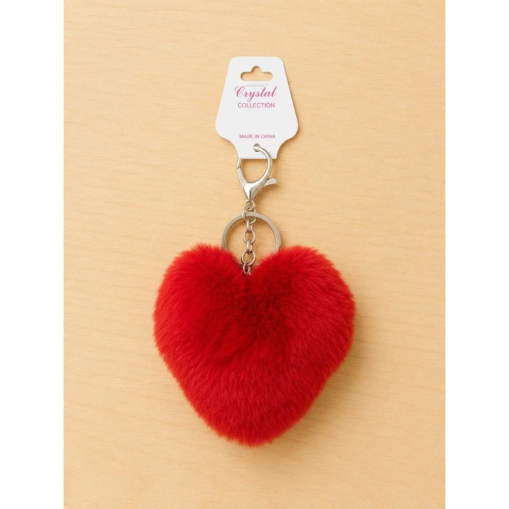 Red Heart Faux Fur Pom Pom Keychain Purse Charm Bag Accessory